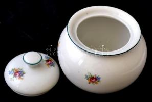 Hollóházi porcelán virágmintás bonbonier, matricás, jelzett, hibátlan, d: 9 cm, m: 9 cm