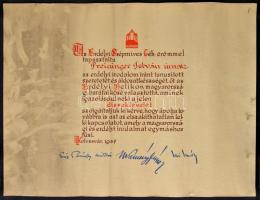 1937 az Erdélyi Szépmíves Céh díszes oklevele nyomtatott aláírásokkal. 37x25 cm. Hozzá az eredeti postahenger.