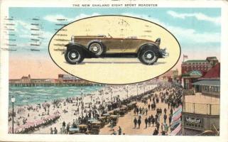 Atlantic City, New Jersey; Oakland-Pontiac exhibition of General Motors Products. The new Oakland Eight sport roadster, automobile advertisement card (EK)