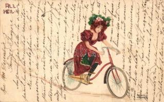 All Heil / Lady on bicycle. Art Nouveau litho art postcard s: Raphael Kirchner (EK)