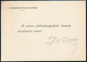 Zsitvay Tibor (1884-1969): Ügyvéd, igazságügyi miniszter, a nemzetgyűlés elnökének aláírása üdvözlő kártyán