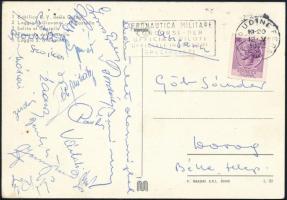 1972 Legendás magyar labdarúgókból álló öregfiúk csapat tagjainak aláírásai Olaszországból: Grosics, Hidegkuti, Szojka, Mátrai, Bozsik, Zsengellér és mások / Autograph signatures of Hungarian football players from a senior match in Italy.