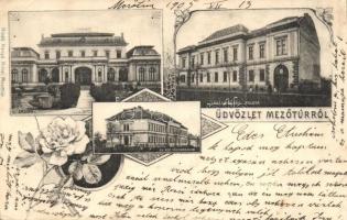 1905 Mezőtúr, Járásbírósági palota, Református főgimnázium, Casino (kaszinó). Kiadja Kanyó Antal, floral, Art Nouveau (EK)