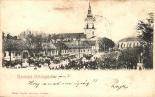 1908 Békés, Széchenyi tér, piac, árusok, templom. Kiadja Véver Oszkár  (fl)