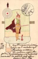 1902 Lady with gun. Hungarian Art Nouveau litho art postcard. Serie 340. No. 2. s: Basch Árpád