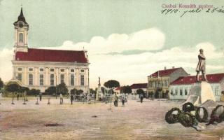 1910 Békéscsaba, a csabai Kossuth szobor, Evangélikus templom (EK)