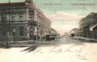 1906 Békéscsaba, Vasút utca a motorral, városi vasút, Petrányi Gyula bazára, Adler Lajos üzlete, szálloda és kávéház (EK)
