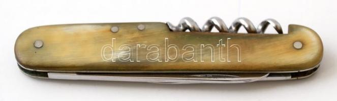 Felújított  rozsdamentes két pengés zsebkés, szaru nyéllel, h:9 cm