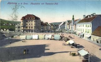 Maribor, Marburg an der Drau; Hauptplatz mit Theresien-Hof / main square, market vendors, booths, shops. Kunstverlag Albin Sussitz