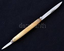 Jelzett csont nyelű női zsebkés, két pengés, felújított, h: 13 cm