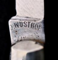 Wüsthof Solingen mini női zsebkés, gyöngyház nyéllel, alpaka paklival, bőr tokkal, h: 7,5 cm