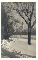 1943 Győr, utcakép télen, befagyott Rába folyó, Karmelita templom. photo