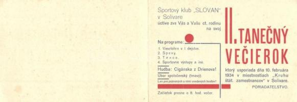 1934 Tótsóvár, Sóvár, Solivar; Pozvánka - Sportovy Klub "Slovan" v Solivare úctive zve Vás...