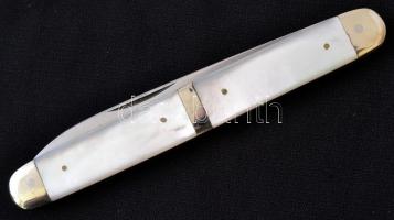 Wilhelm Wagner Solingen rozsdamentes nyelű szalonnázó zsebkés, jelzett, eredeti gyöngyház nyéllel, r...