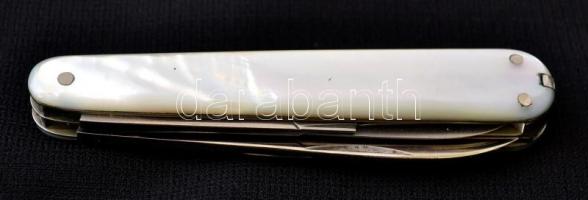 Irell Solingen rozsdamentes nyelű iparművész zsebkés, jelzett, eredeti gyöngyház nyéllel, több funkc...