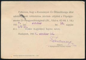 1937 Kormányzó által adományozott kitüntetés átvételére való meghívó a Főpolgármesteri Hivatalba