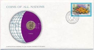 Tuvalu 1976. 1c Nemzetek pénzérméi felbélyegzett borítékban, bélyegzéssel, holland nyelvű leírással T:1 Tuvalu 1976. 1 Cent Coins of all Nations in envelope with stamp and stamping, with Dutch description C:UNC