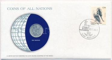 San Marino 1974. 10L Nemzetek pénzérméi felbélyegzett borítékban, bélyegzéssel, holland nyelvű leírással T:1- San Marino 1974. 10 Lire Coins of all Nations in envelope with stamp and stamping, with Dutch description C:AU