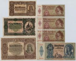 7db-os vegyes magyar korona és pengő bankjegy tétel, közte 1920. 100K Orell Füssli Zürich, 1939. 5P (3x) T:II,III