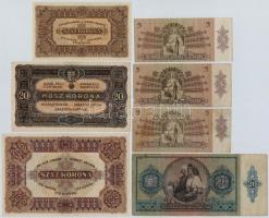 7db-os vegyes magyar korona és pengő bankjegy tétel, közte 1920. 100K "Orell Füssli Zürich"...
