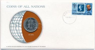 Saint Kitts 1965. 50c Nemzetek pénzérméi felbélyegzett borítékban, bélyegzéssel, holland nyelvű leírással T:1- St. Kitts 1965. 50 Cents Coins of all Nations in envelope with stamp and stamping, with Dutch description C:AU