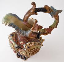 cca 1890 Fischer Ignácz Budapest, díszkancsó, kézzel festett, aranyozott porcelánfajansz, több helye...