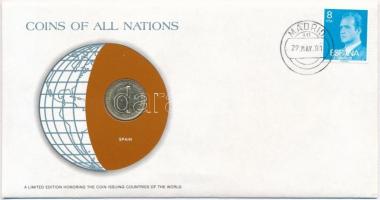 Spanyolország 1966. 1P Nemzetek pénzérméi felbélyegzett borítékban, bélyegzéssel, holland nyelvű leírással T:1- Spain 1966. 1 Peseta Coins of all Nations in envelope with stamp and stamping, with Dutch description C:AU
