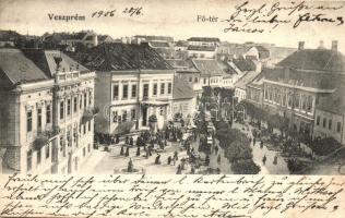 1906 Veszprém, Fő tér, Városháza, piaci árusok, üzletek. Kiadja Krausz A. fia 192. (apró lyukak / tiny holes)