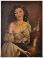 Böhm jelzéssel: Cigány lány a hegedűvel. Olaj, vászon, 80×60 cm