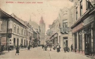 Kassa, Kosice; Kossuth Lajos utca, Bristol szálloda, Friedman, Fischer J. üzletei, Greiner kávéház / street, hotel, shops, café (r)