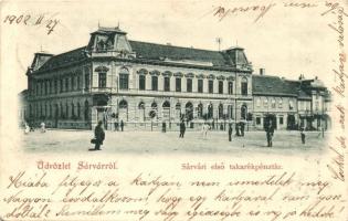1902 Sárvár, Sárvári első takarékpénztár, Spieler Jakab, Deutsch Ármin, Bass Sámuelné üzlete (EK)
