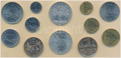 Franciaország 1985. 1c-100Fr (12xklf) forgalmi sor lezárt fóliatokban, közte 2db Ag érme T:1
France...