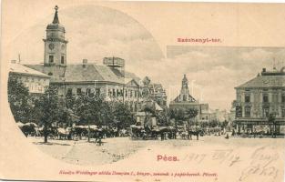 1907 Pécs, Széchenyi tér, Tauszig Ármin üzlete, Szentháromság szobor, templom, piac, lovaskocsik. Kiadja Weidinger utóda Domján I. (EK)