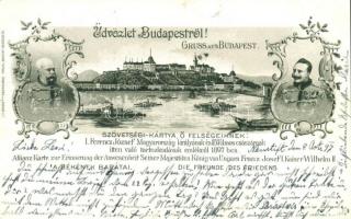 1897 (Vorläufer!) Budapest. Szövetségi-Kártya ő felségeinek: I. Ferencz József Magyarország királyának és II. Vilmos császárnak itten való tartózkodásuk emlékéül. A Békének barátai. Verlag Mercur / Art Nouveau litho memorial postcard for the visit of Franz Joseph and Wilhelm II.