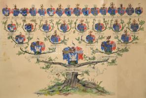 cca 1880 A gyóni és dabasi Halász család kézzel festett családfája. Feltekert kartonon, ragasztott beszakadásokkal 100x70 cm