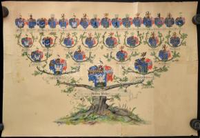 cca 1880 A gyóni és dabasi Halász család kézzel festett családfája. Feltekert kartonon, ragasztott b...