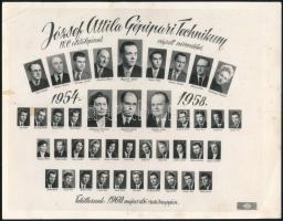 1958 Budapest, József Attila Gépipari Technikum tanárai és végzett növendékei, kistabló, két sarkán törésvonal, 17,5x22,5 cm