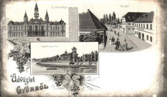Győr, Új városháza, Sziget, Regatta pavilon. Szőlős szecessziós lap. Mehner & Maas No. 3687. Art Nouveau, floral, litho