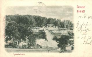 1900 Győr, Révfalu (Réhfalu), Prankl Károly utóda Fakereskedése, hajóhíd (ponton híd). Berecz Viktor kiadása