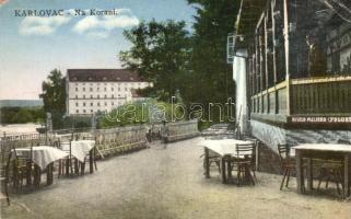3 db RÉGI képeslap, vendéglő belsők, kerthelyiség: Károlyváros, Brüsszel / 3 pre-1945 postcards with...