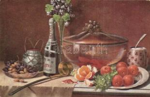 13 db RÉGI művészlap; ételek / 13 pre-1945 motive postcards: art postcards, foods