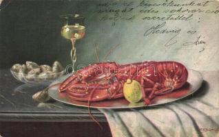 13 db RÉGI művészlap; ételek / 13 pre-1945 motive postcards: art postcards, foods