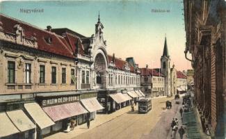 Nagyvárad, Oradea; Rákóczi út, Klein Géza és Ödön, Barabás B. és társa, Újhelyi Róza üzlet, villamos / street view with church, shops and tram (EK)