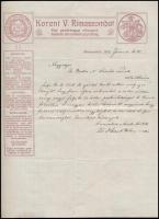 1915 Rimaszombat, Korent Vilmos iparos (Korent V. első gömörmegyei villanyerőhajtásra berendezett gépműhely) levele Farkas N. századparancsnok részére Mauthausenbe személyes ügyben, fejléces levélen, borítékkal