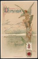 1896 Szecessziós litografált diplomalap az ezredéves országos kiállítás Aranykönyvébe való beírás emlékére, Basch Árpád illusztrációjával, Bp., Kosmos Műintézet, a kiállítás szárazbélyegzőjével, szép állapotban, 19x12 cm