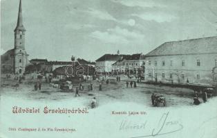 1899 Érsekújvár, Nové Zamky; Kossuth Lajos tér, templom, piac. Conlegner J és fia kiadása / square with church, market vendors (kissé ázott sarok / slightly wet corner)