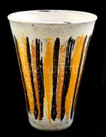 Iparművészeti Vállalatos Gorka Lívia fehér-narancssárga fekete váza, mázas kerámia, jelzett, apró kopásokkal, m:18 cm
