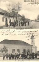1908 Ekel, Okolicná na Ostrove; utcakép, Református templom, Kelner Ignácz üzlete és saját kiadása / street view with shop, church