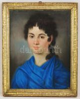 cca 1860 Jelzés nélkül: Kék köpenyes lány. Pasztell, papír, szakadással, üvegezett keretben, 47×37 cm