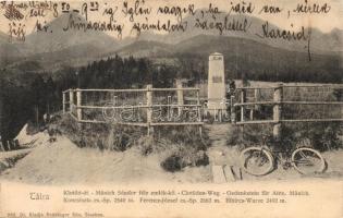 1905 Tátra, Tatry; Klotild út, Münnich Sándor féle emlékkő kerékpárral, Koncsiszta, Ferenc József és Bibircs csúcs. Feitzinger Ede 262. / Münnich monument, Koncistá, Stít Frantiska Jozefa, bicycle